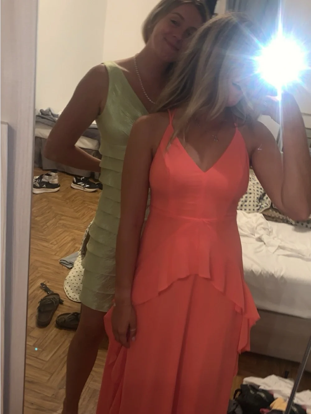 Coral V-Neck Evening Dress